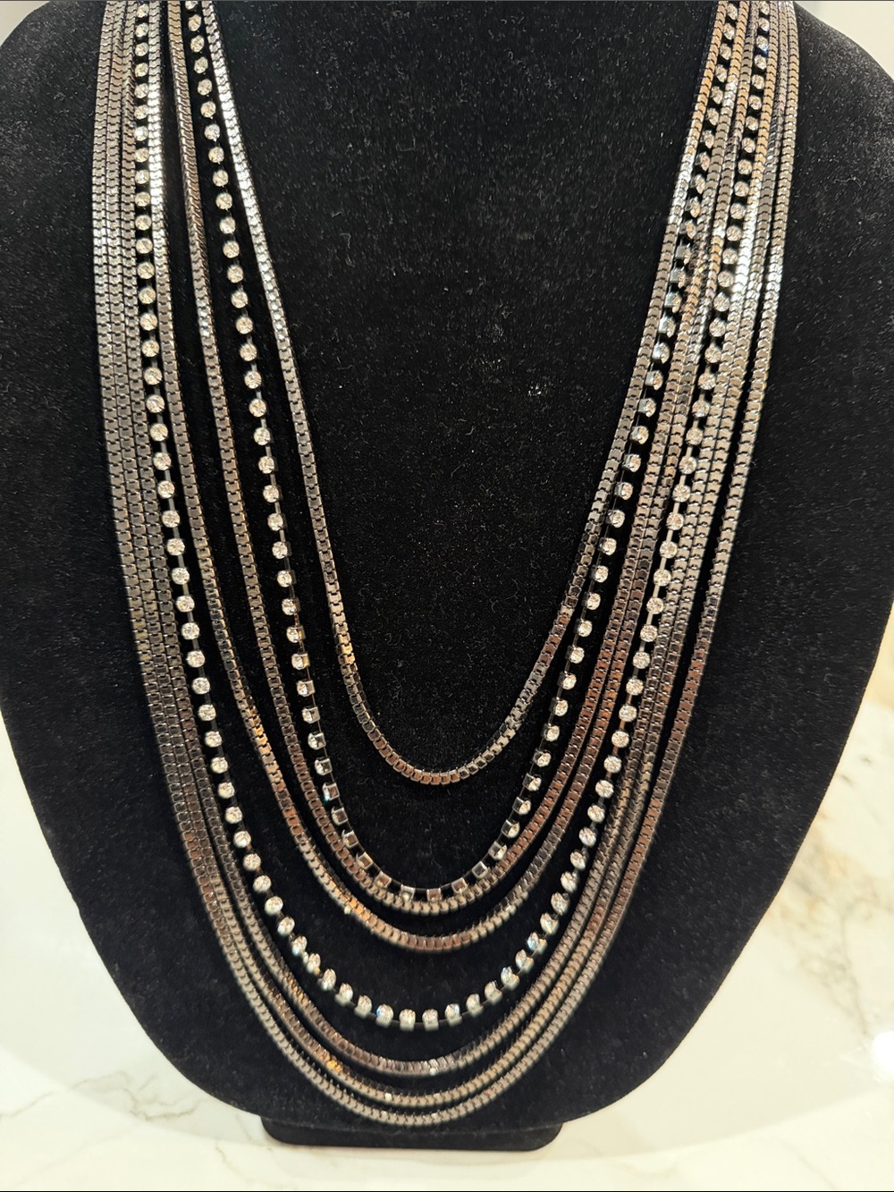 Multi-Strand Gunmetal and Rhinestone Layered Necklace - Women Jewelry